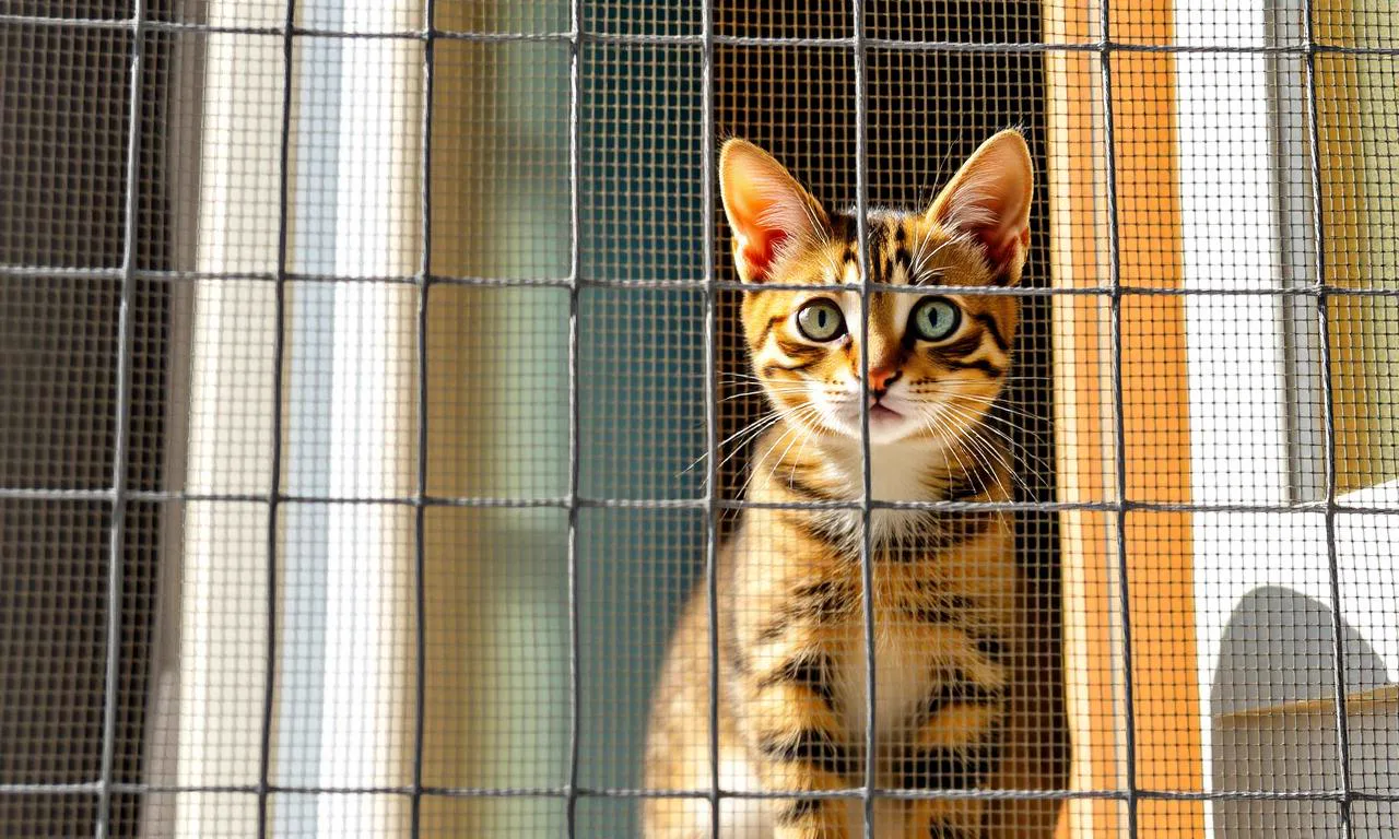 Balkonda çelik kedi filesi arkasında oturan kedi